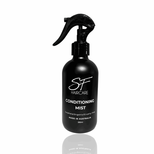 SFHaircare leave‑in conditioning mist sprayed on mid‑lengths to detangle and smooth frizz