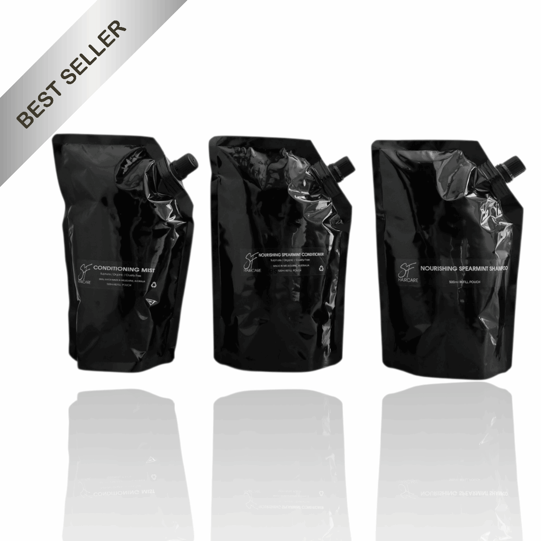 Essentials Trio Refill Pouch Shampoo/Conditioner 500ml / Conditioning Mist 250ml - SFHaircare