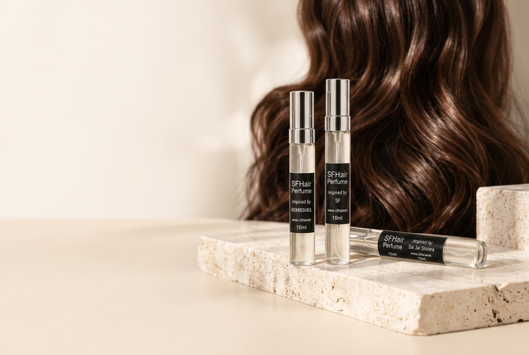 SFHair Perfume bottles in front of glossy brunette waves